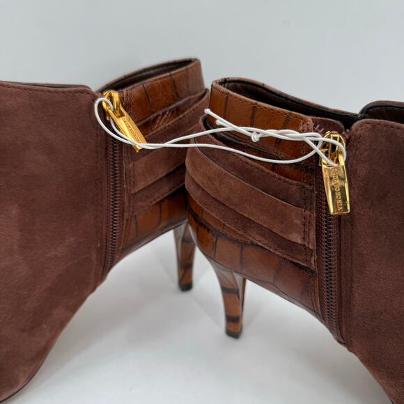VINCE CAMUTO Selmente Boots SZ 8.5 NWOT Brown Suede Gold Heel Bootie Zipper Croc - Picture 8 of 15